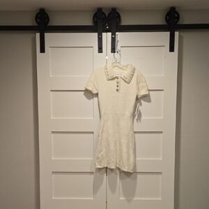 Cream Short Sleeve Sweater Dress With Embellished Collar